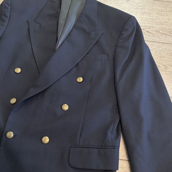 Oscar de la Renta 43L Blazer Wool Dark Navy Blue Gold Button Vintage Sport Coat - Picture 2 of 13